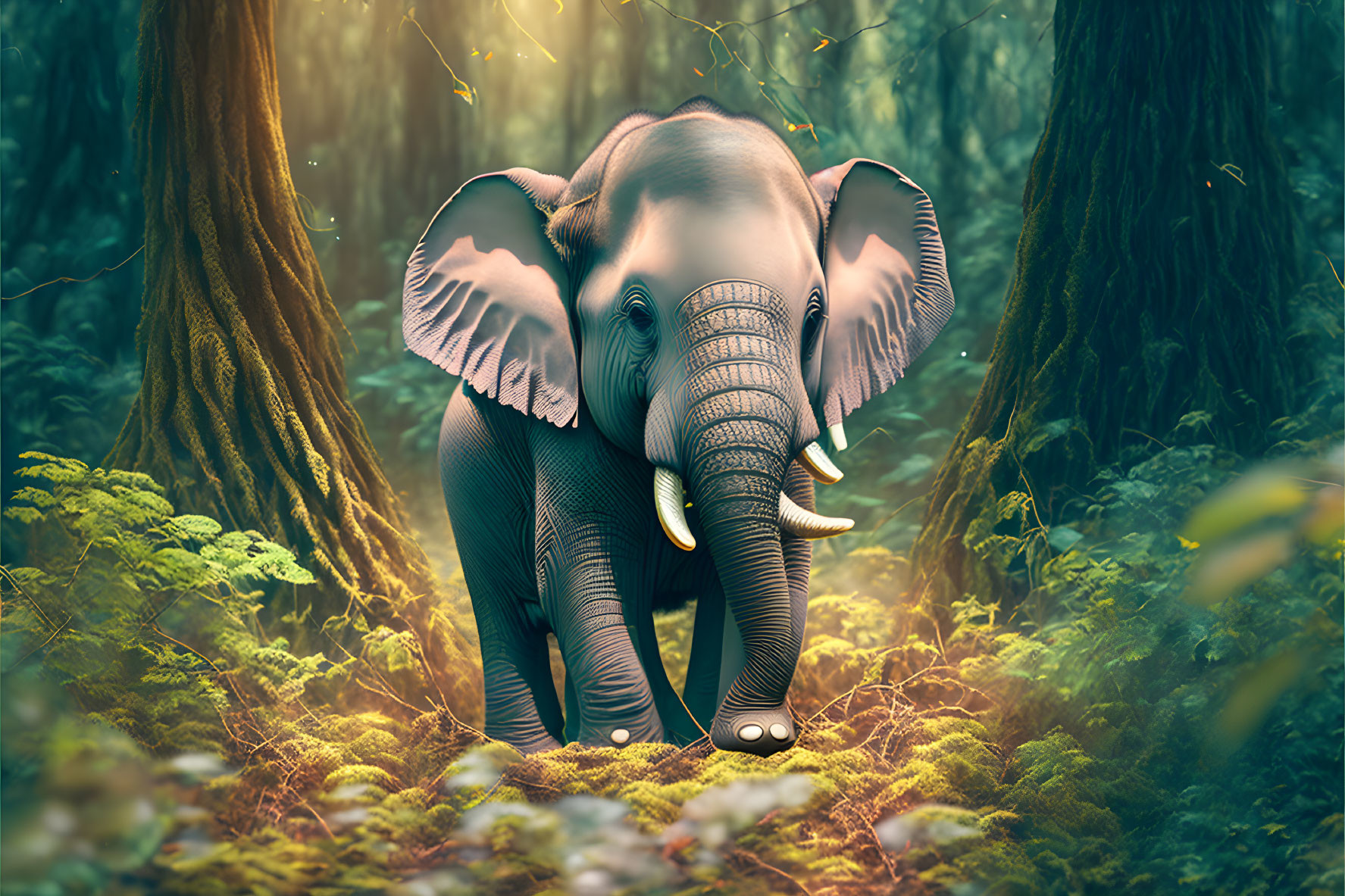 Elephant in lush forest with sunlight filtering through trees