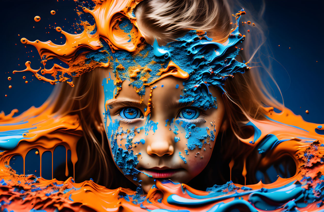 Child with Striking Blue Eyes Surrounded by Vibrant Liquid Splashes