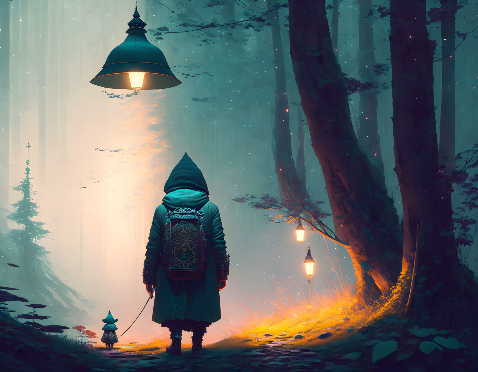 Cloaked figure with lantern and robot in mystical forest