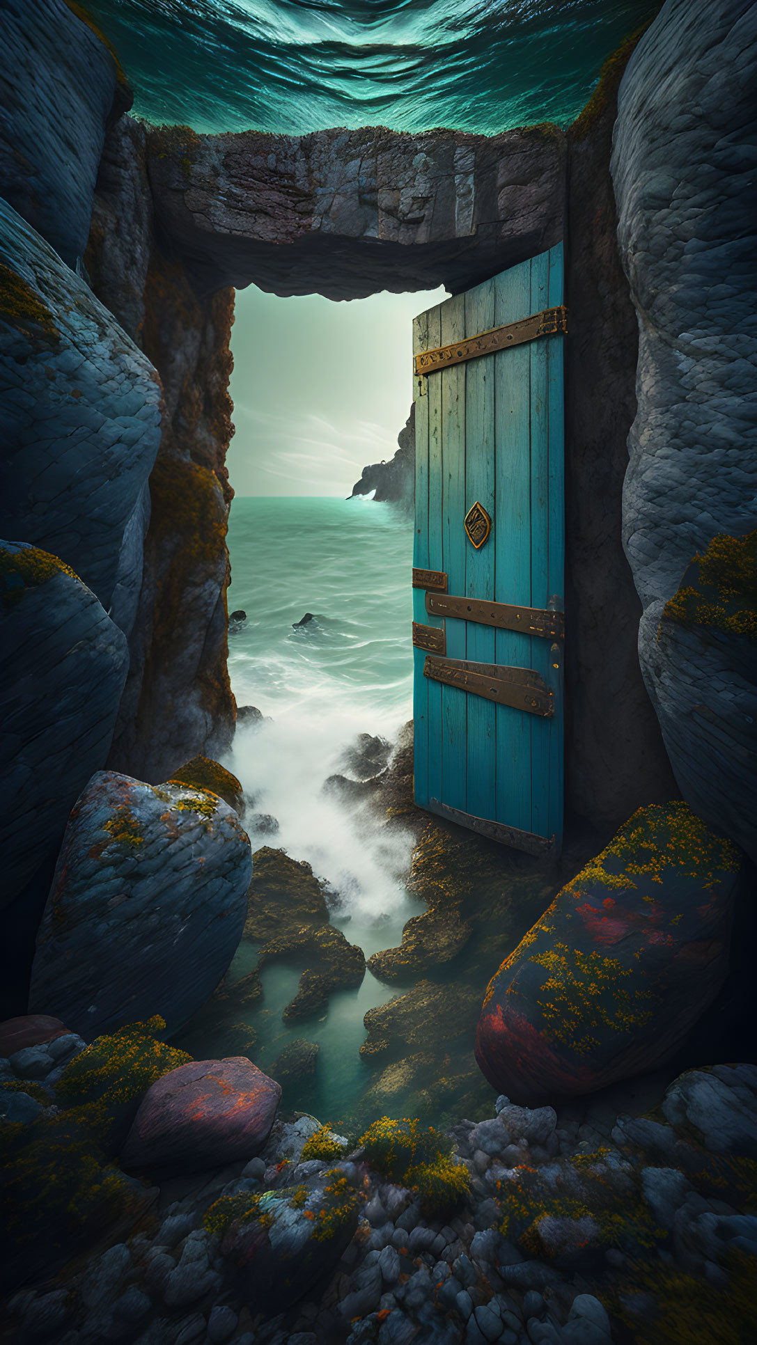 Ethereal wooden door in rocky coastal cave overlooking misty sea