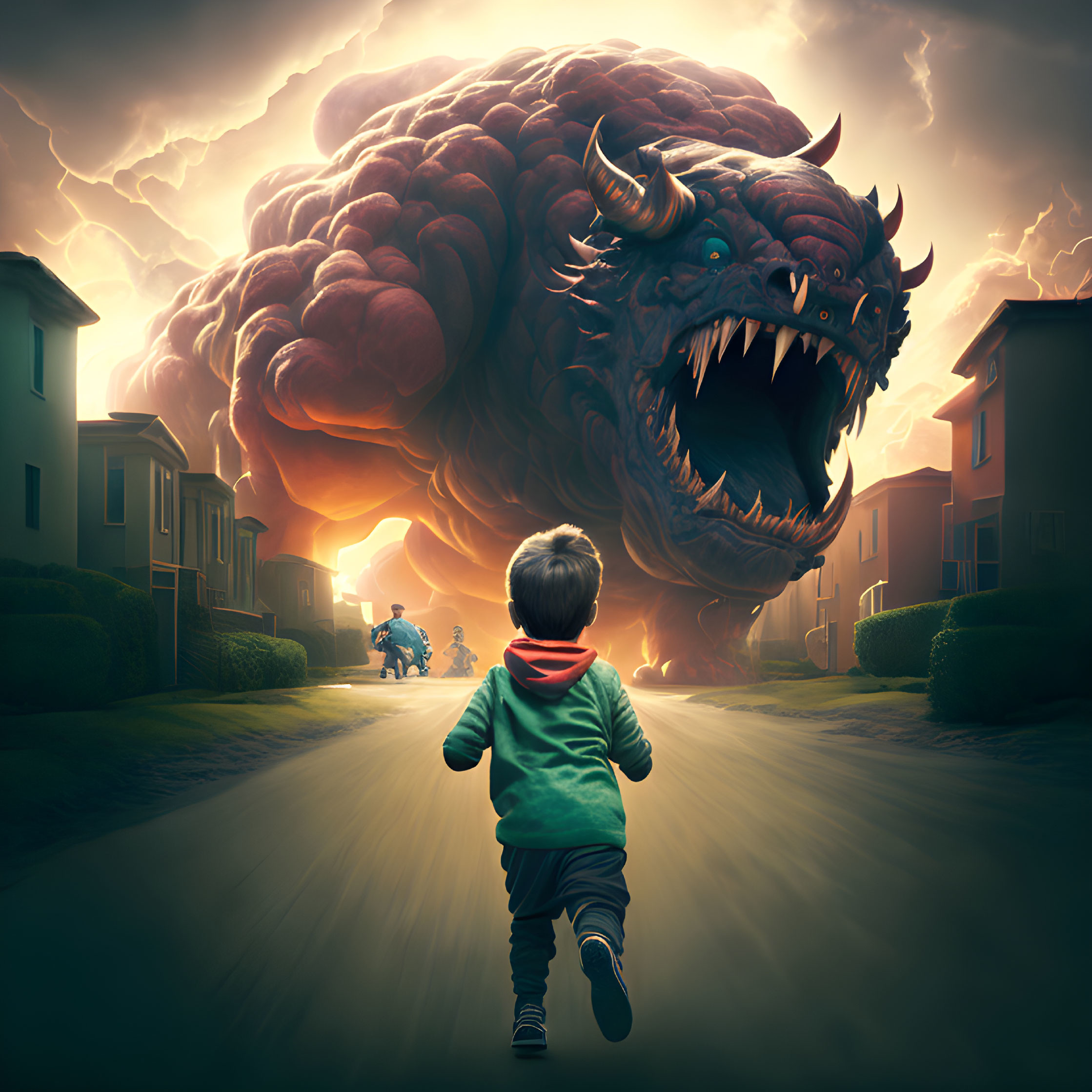 Child fleeing from monstrous brain with sharp teeth in stormy scene