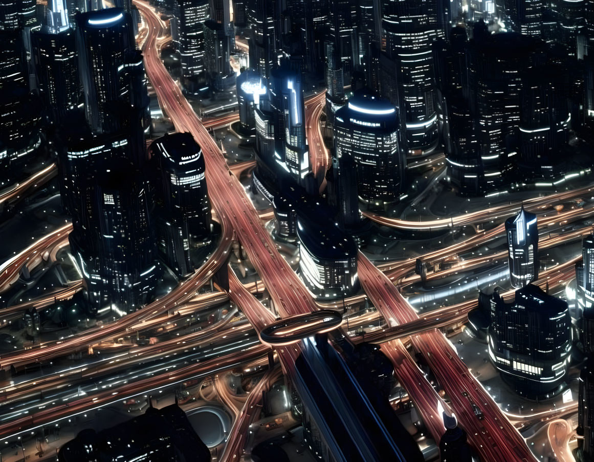 Vibrant cityscape at night with illuminated skyscrapers and busy highways