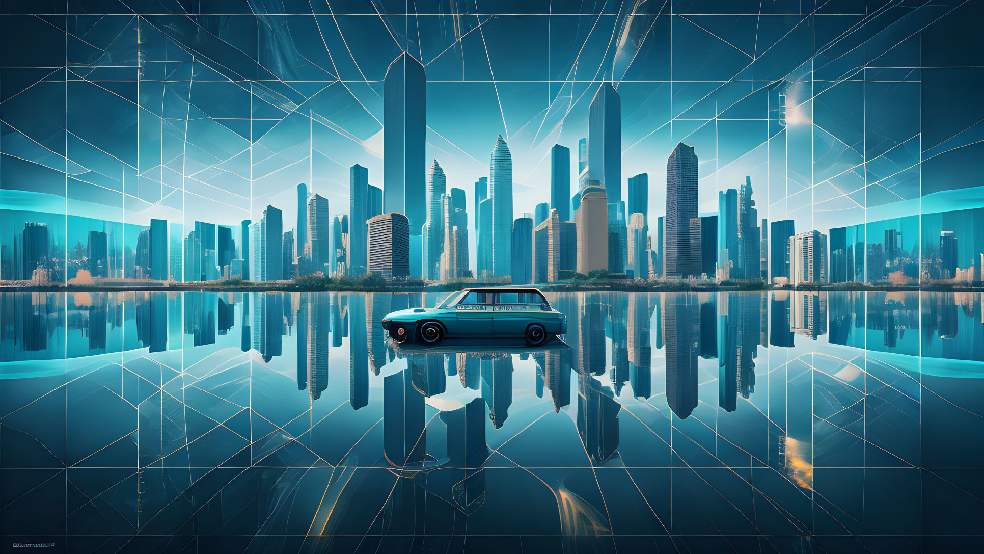 Vintage car on reflective surface with futuristic cityscape and glowing blue lines