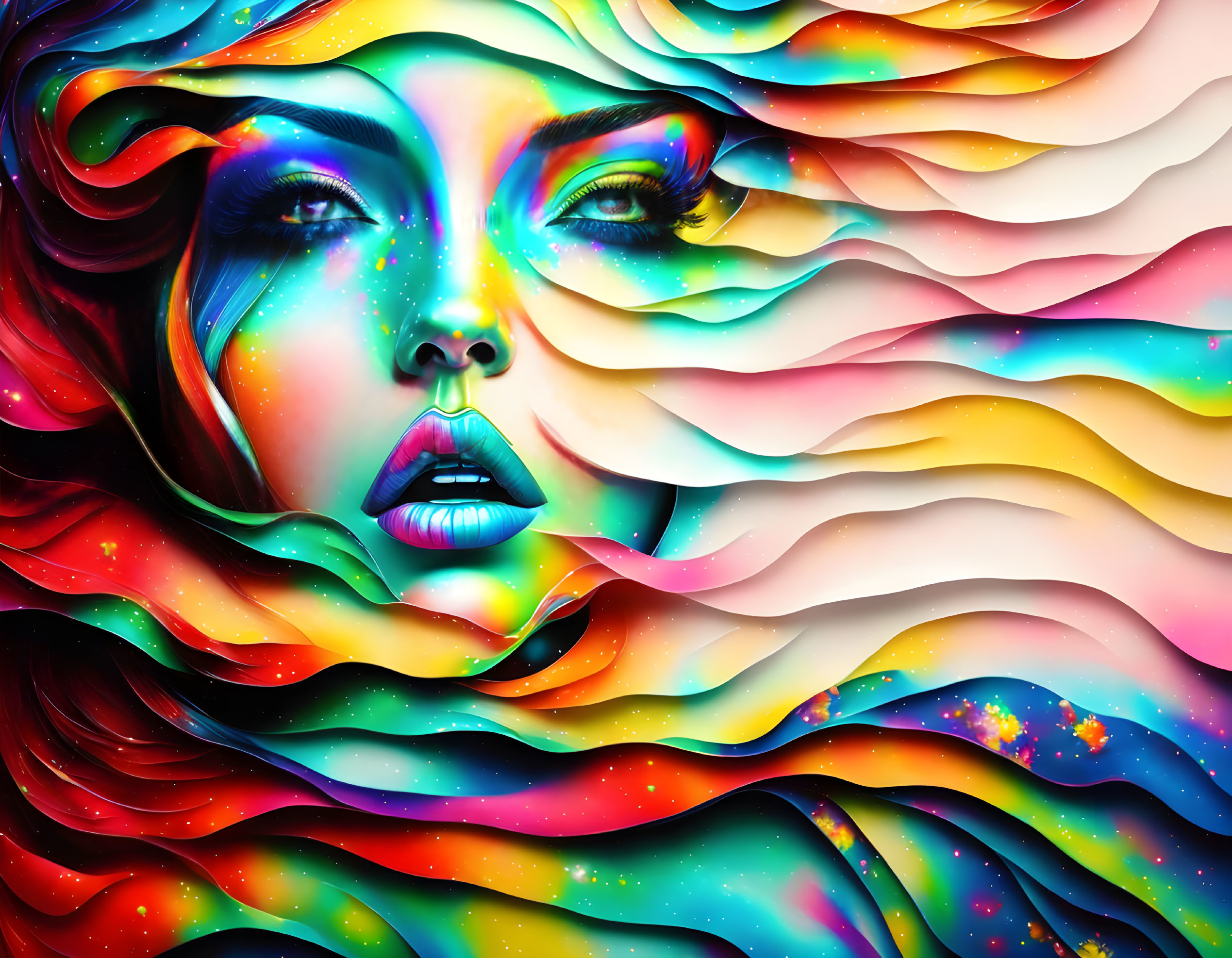 Colorful digital artwork: Woman's face merges with abstract patterns in cosmic theme