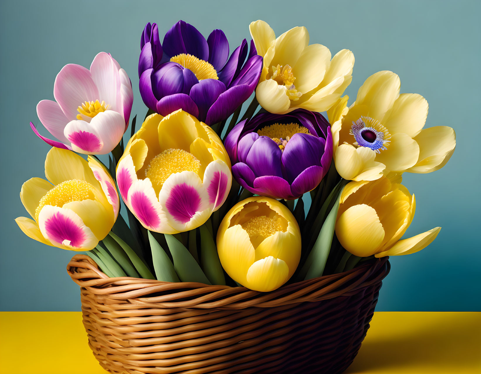 Colorful Tulips and Anemones in Wicker Basket on Blue and Yellow Background