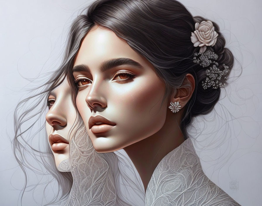 Detailed Woman Illustration: Reflective Image, Floral Hair, Glowing Skin, Lace Attire