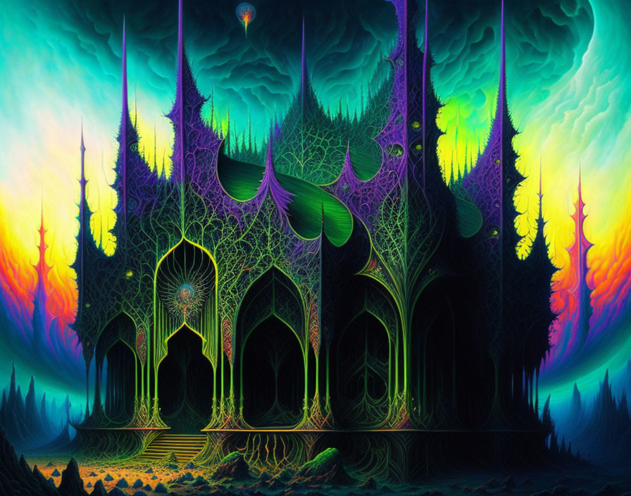 Elaborate Gothic Structure Amid Fantastical Flora and Aurora Sky