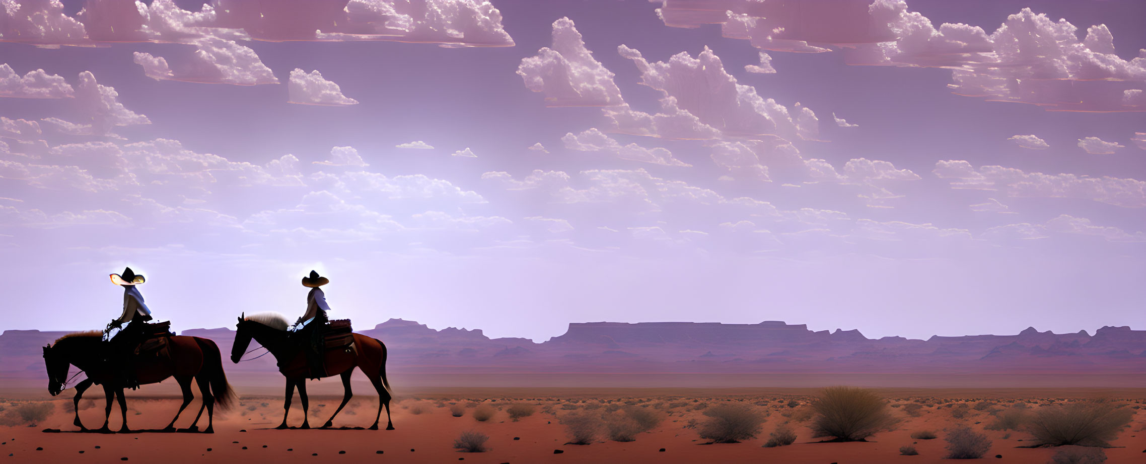 Silhouette riders on horseback in desert twilight landscape