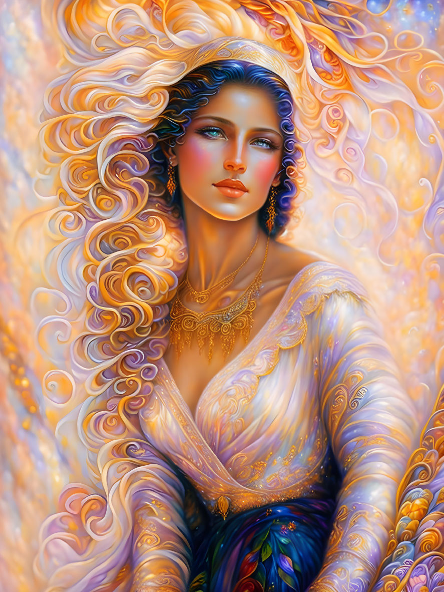 Colorful Fantasy Portrait of Woman with Celestial Background