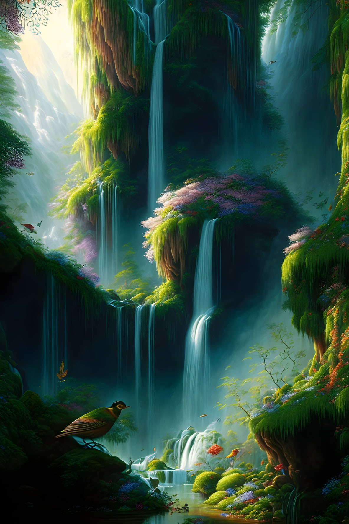 Vibrant foliage and cascading water in mystical waterfall oasis