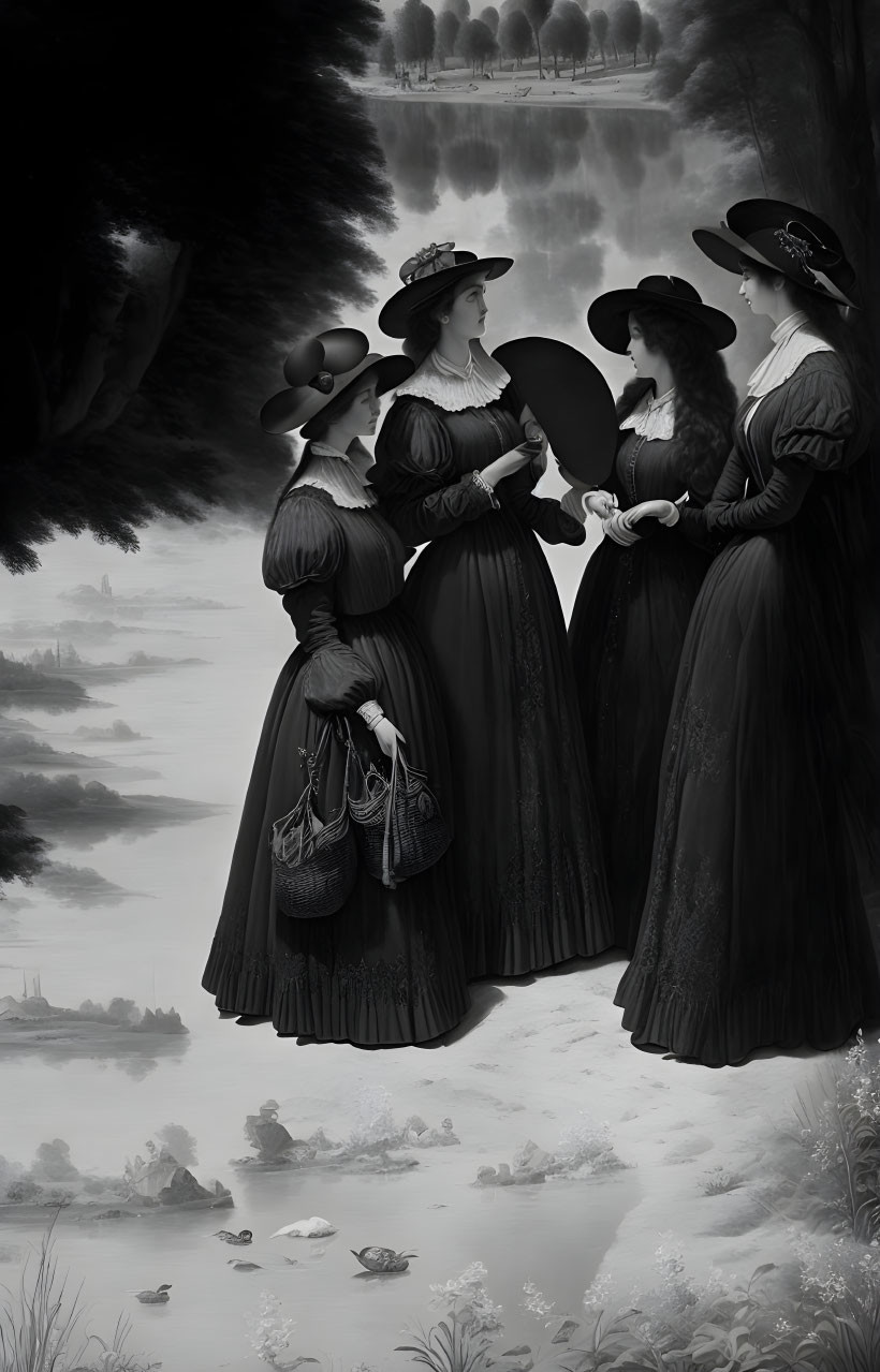 Monochrome Victorian women conversing in serene riverside setting