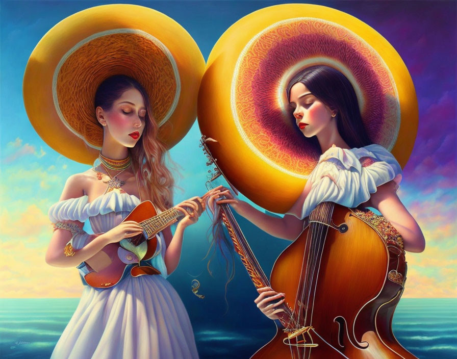 Two women in white dresses and hats playing instruments by the ocean