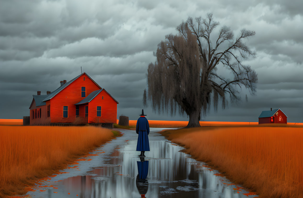 Solitary figure on wet path between golden fields, facing large tree under dramatic sky.