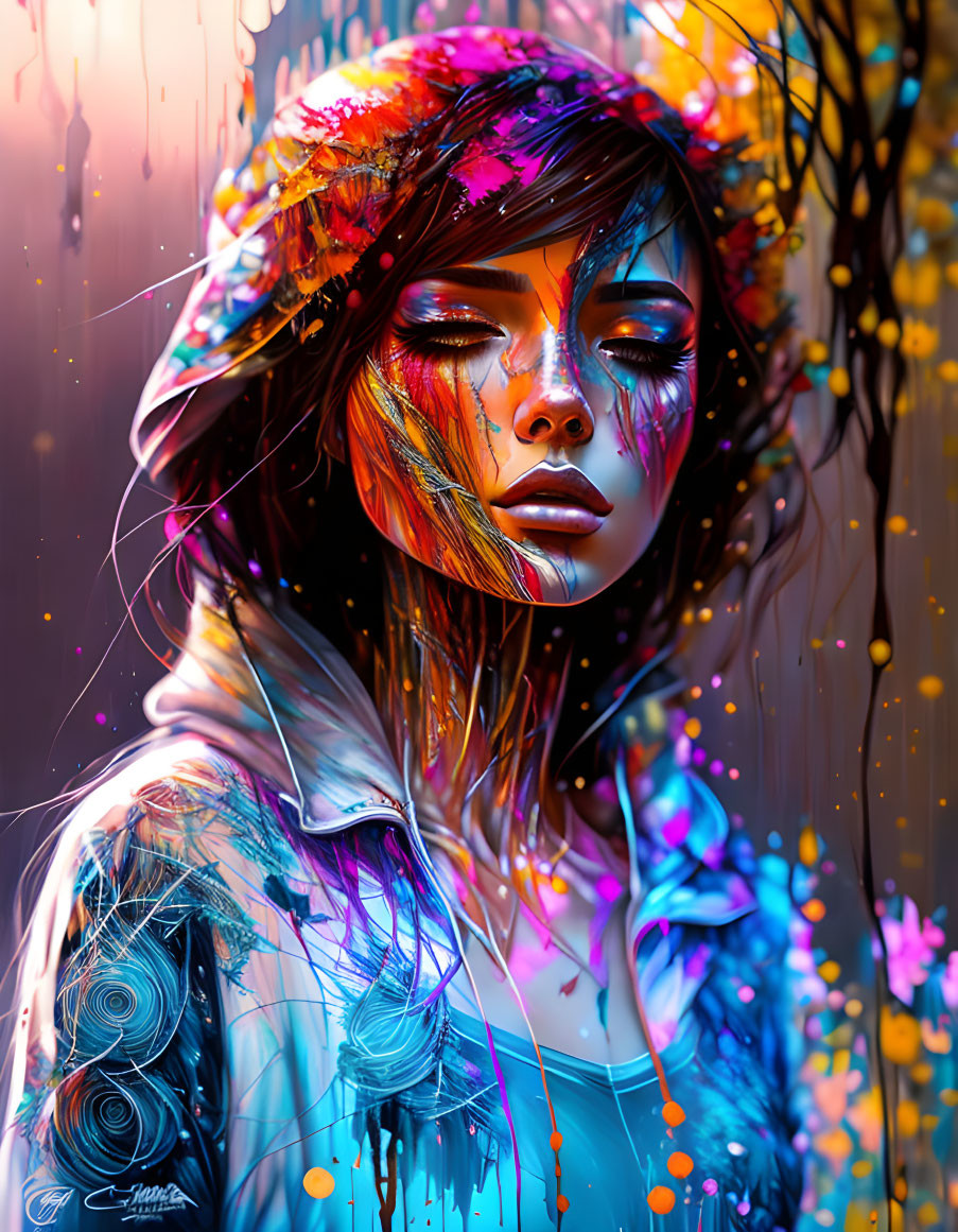 Colorful makeup woman with closed eyes in hood, vibrant digital art.