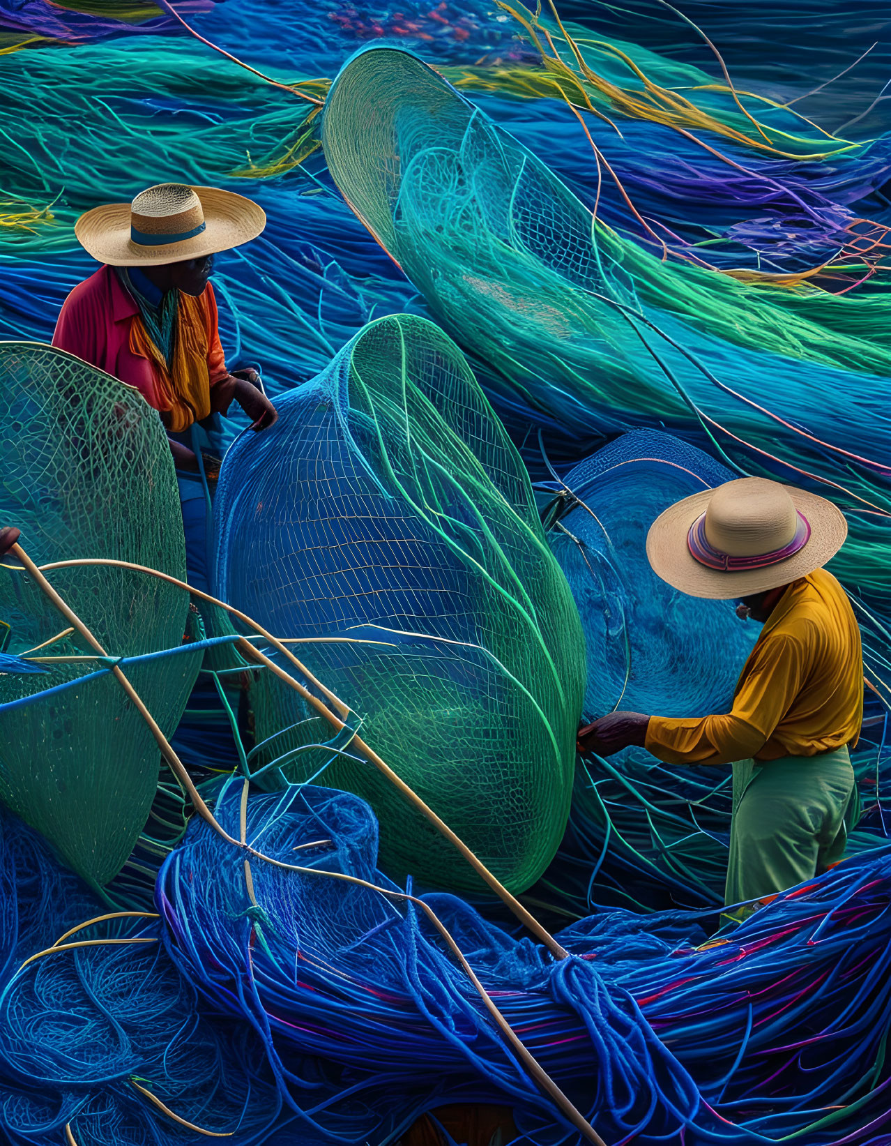 Colorful fishing nets repair by two individuals in wide-brimmed hats