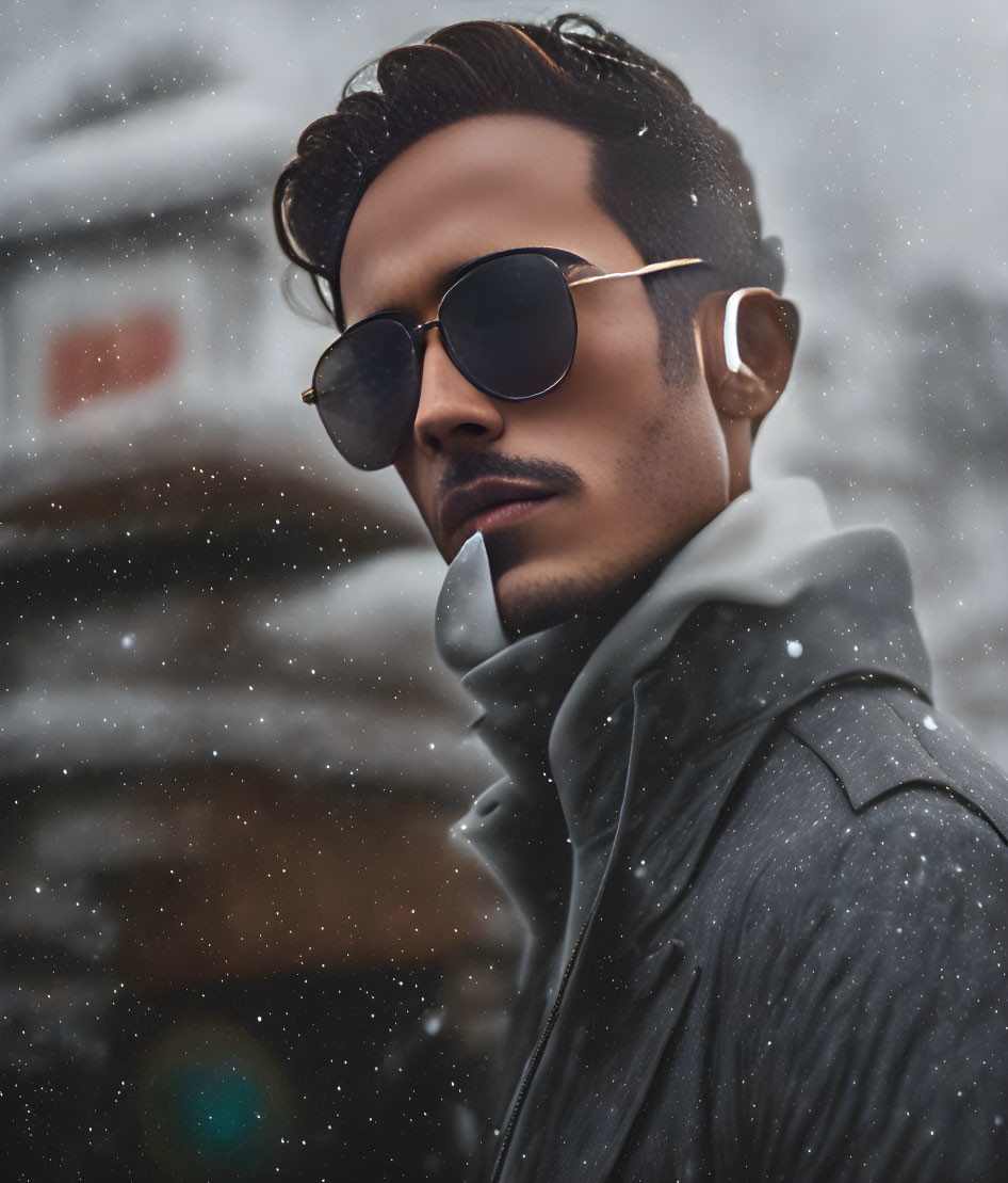 Bearded man in sunglasses and earphones poses confidently in snowy backdrop