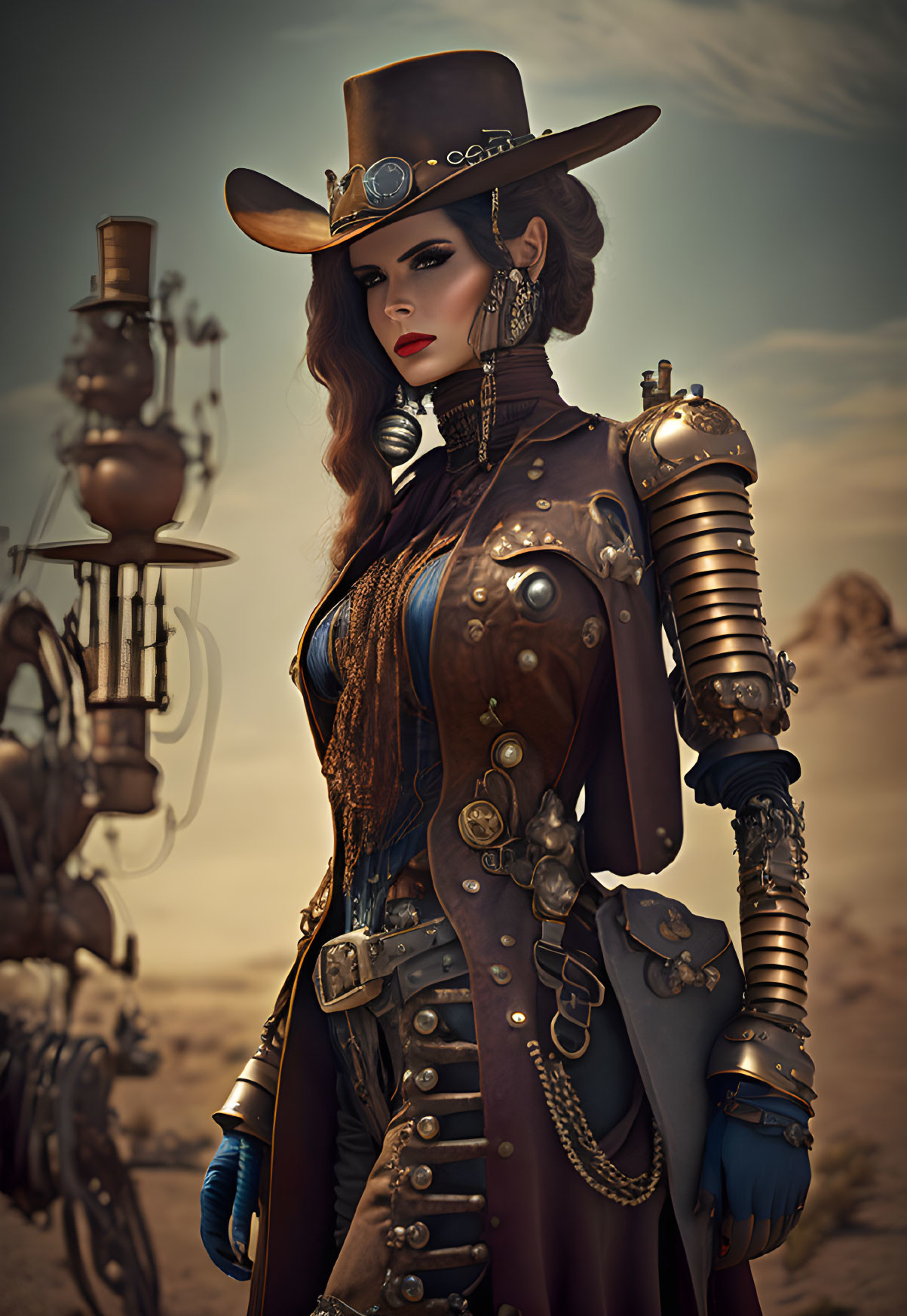 Steampunk-themed woman with mechanical arm in desert with robot companion