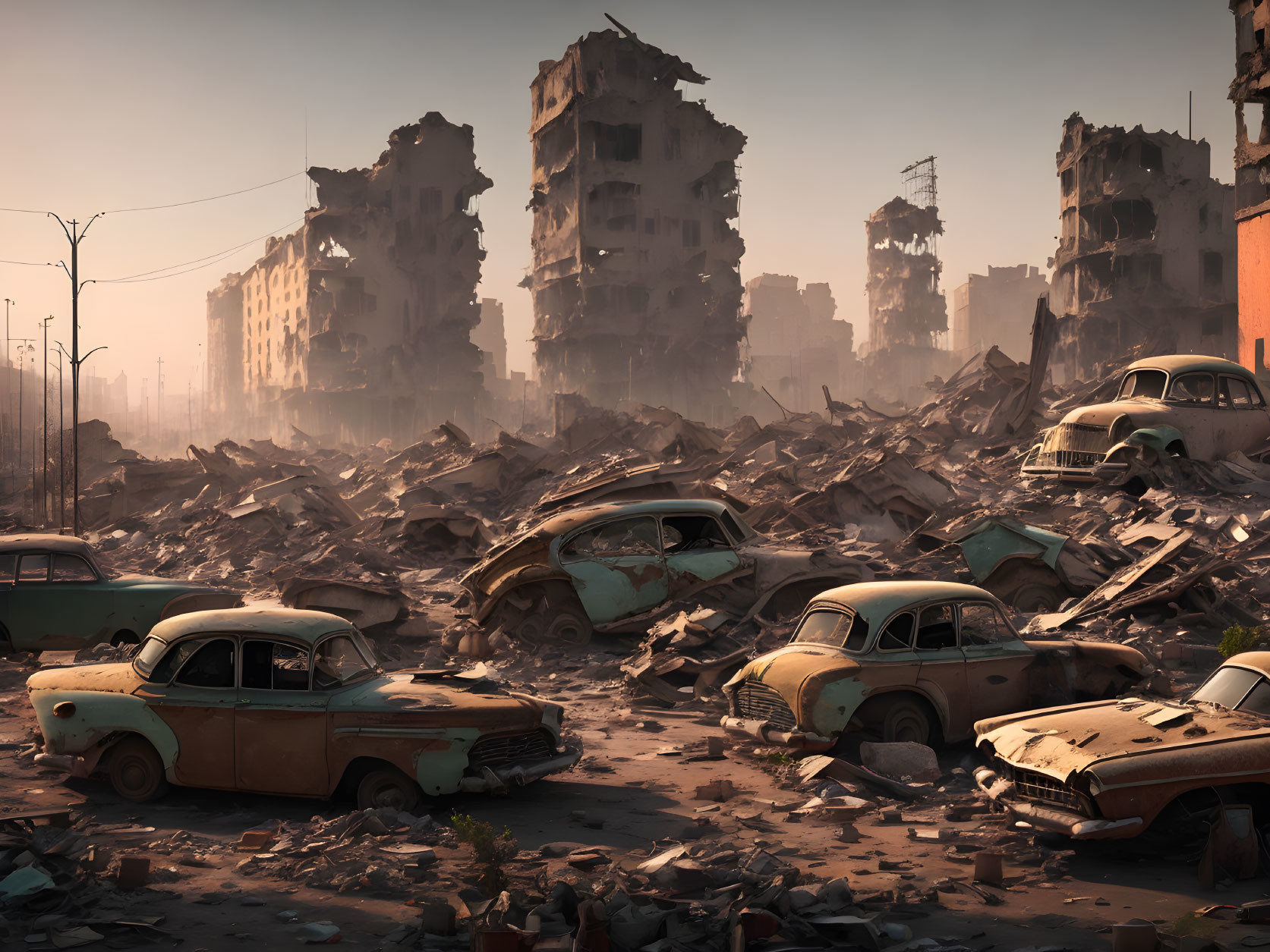 Dilapidated buildings and decaying cars in post-apocalyptic urban landscape