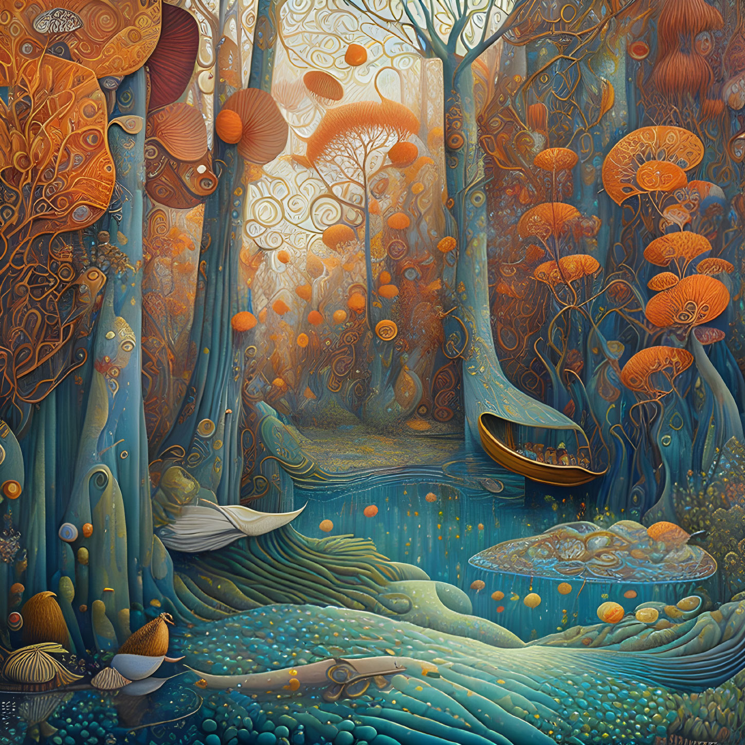 Whimsical forest with aquatic fusion and stylized trees