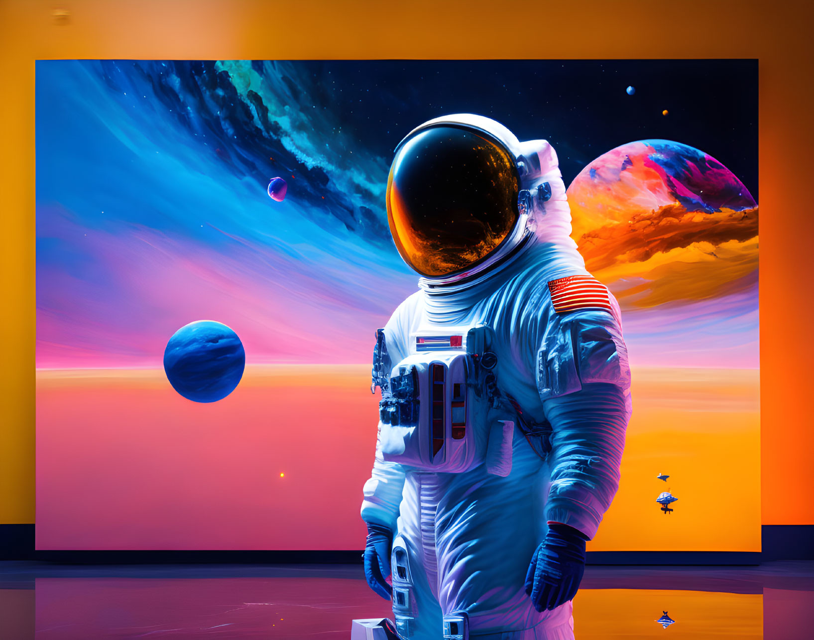 Astronaut in surreal space scene with colorful planets