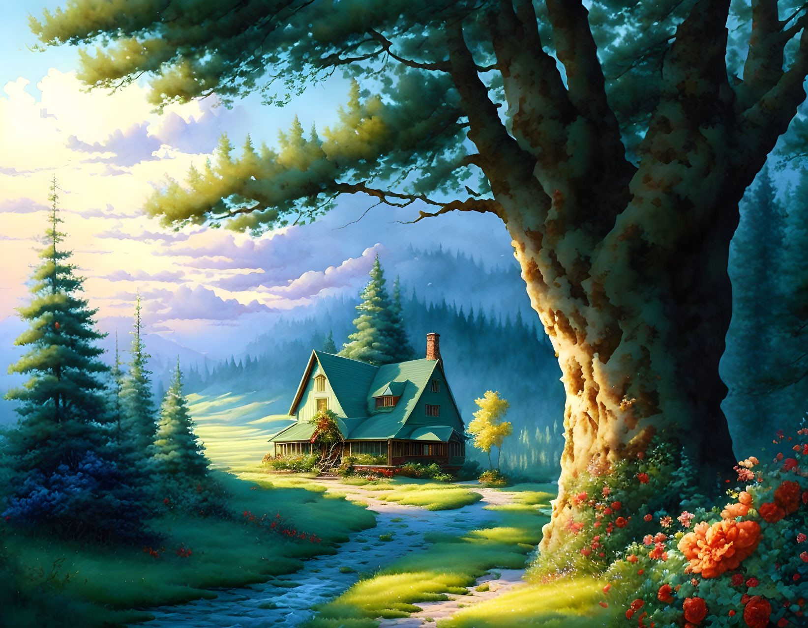 Tranquil forest landscape with house, flowers, and winding path