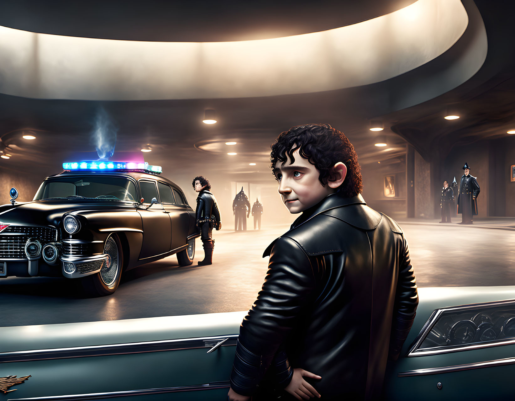 Stylized scene with person in leather jacket leaning on classic car in futuristic setting