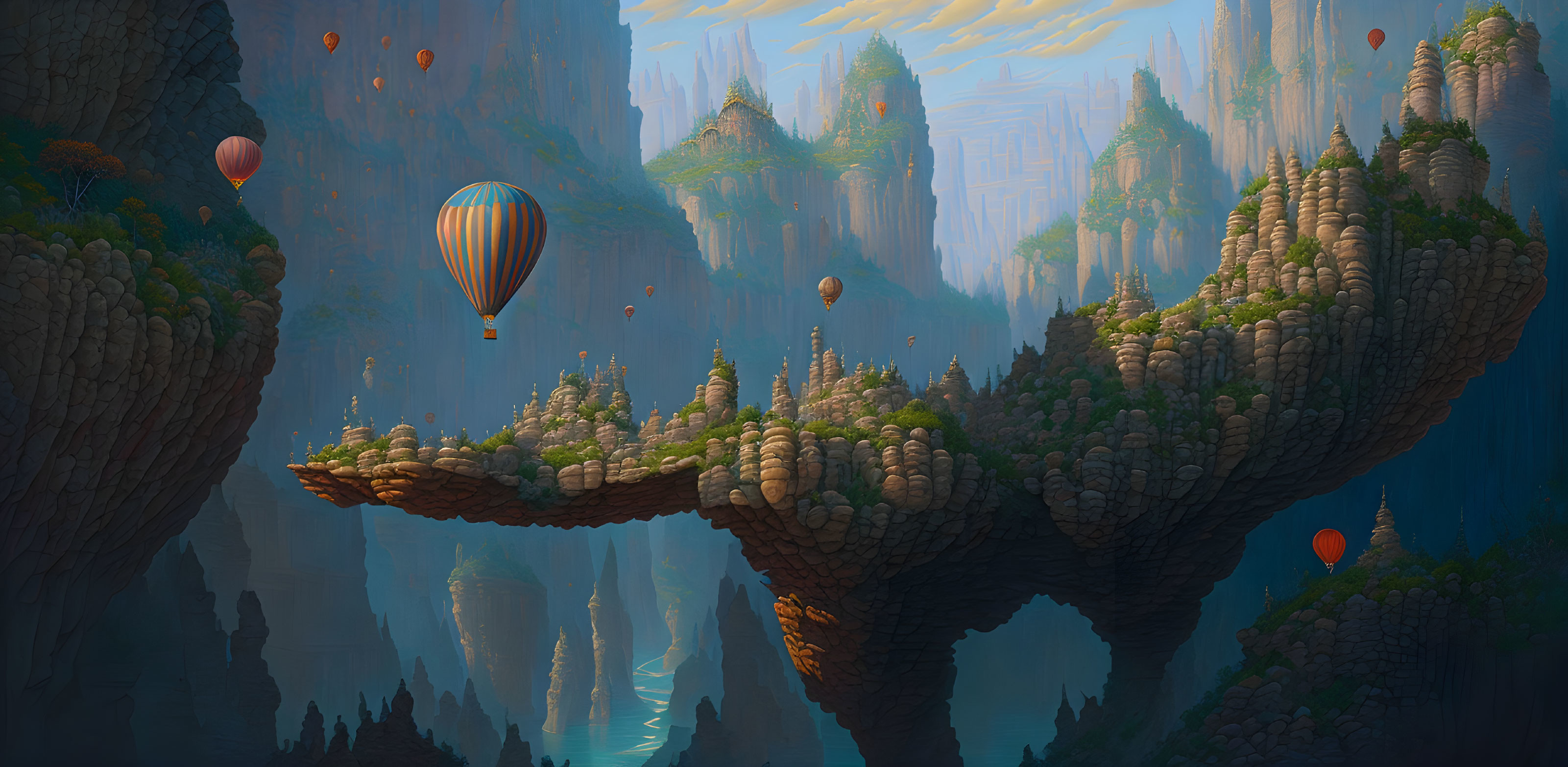 Fantastical landscape with rock pillars, floating islands, greenery, and hot air balloons