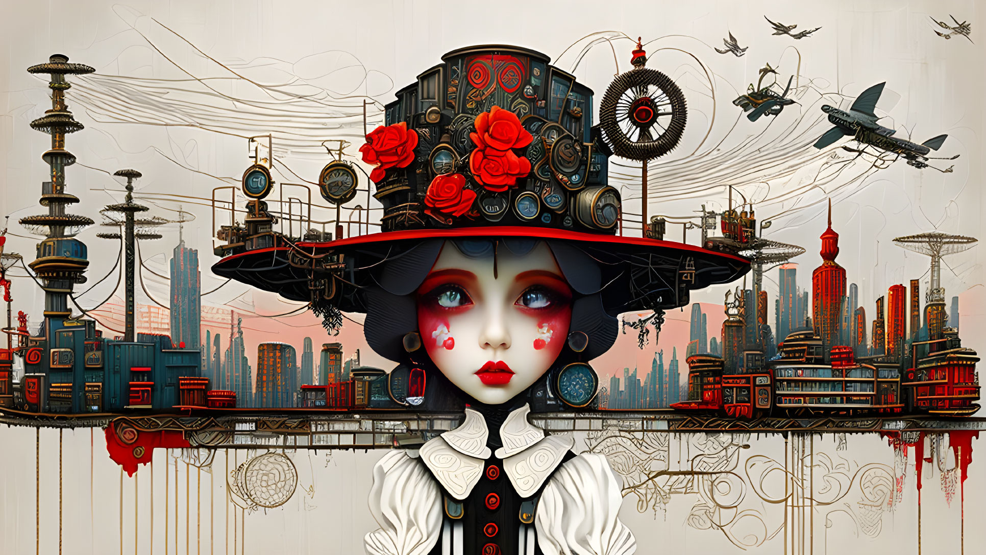 Steampunk cityscape character with elaborate hat and flying machines.