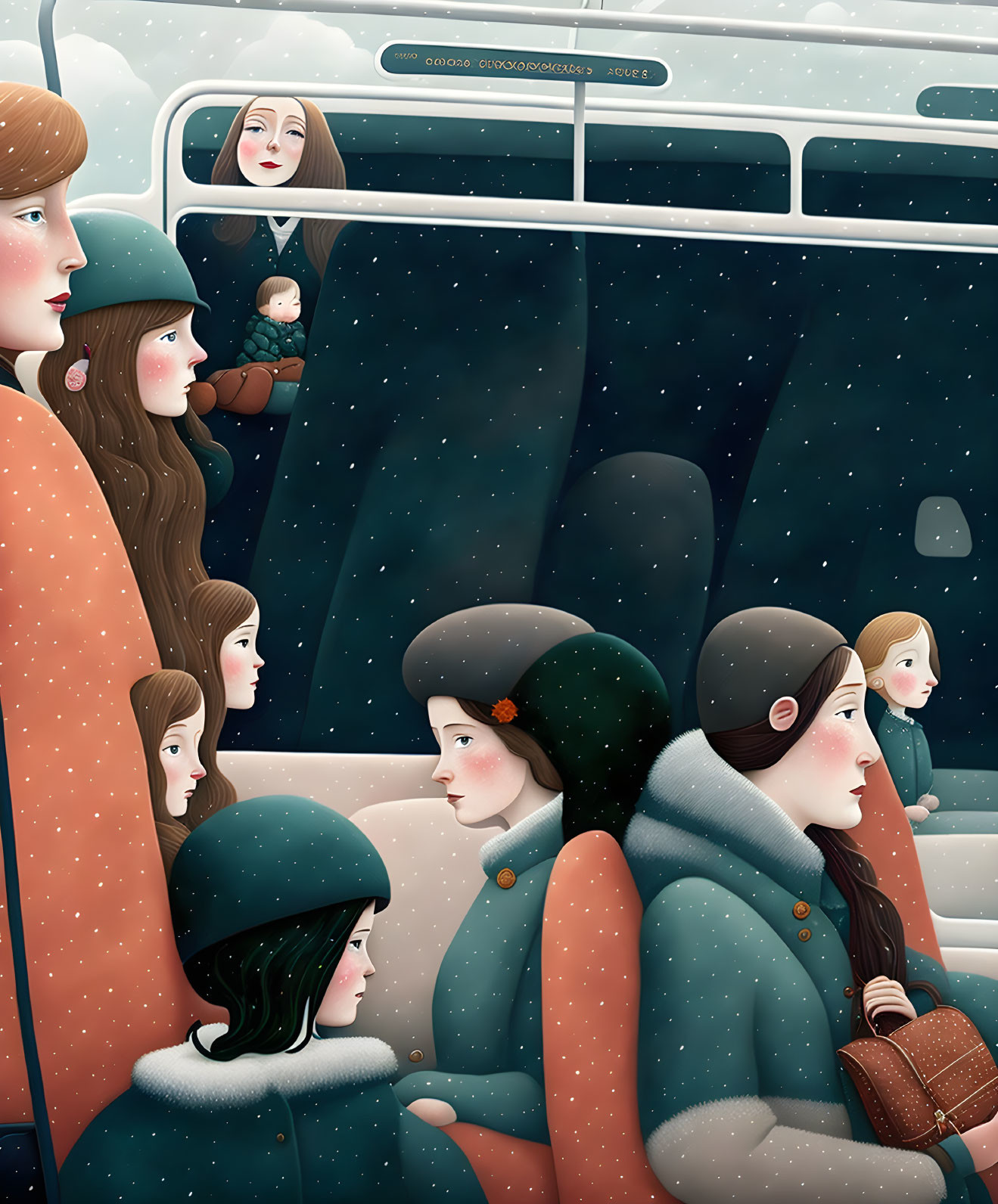 Illustration of women in green coats and hats at snowy bus stop