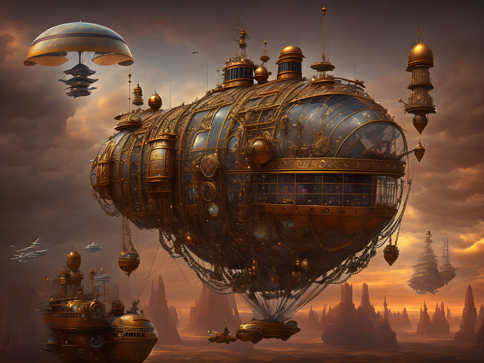 Elaborate steampunk airship in fleet over alien landscape