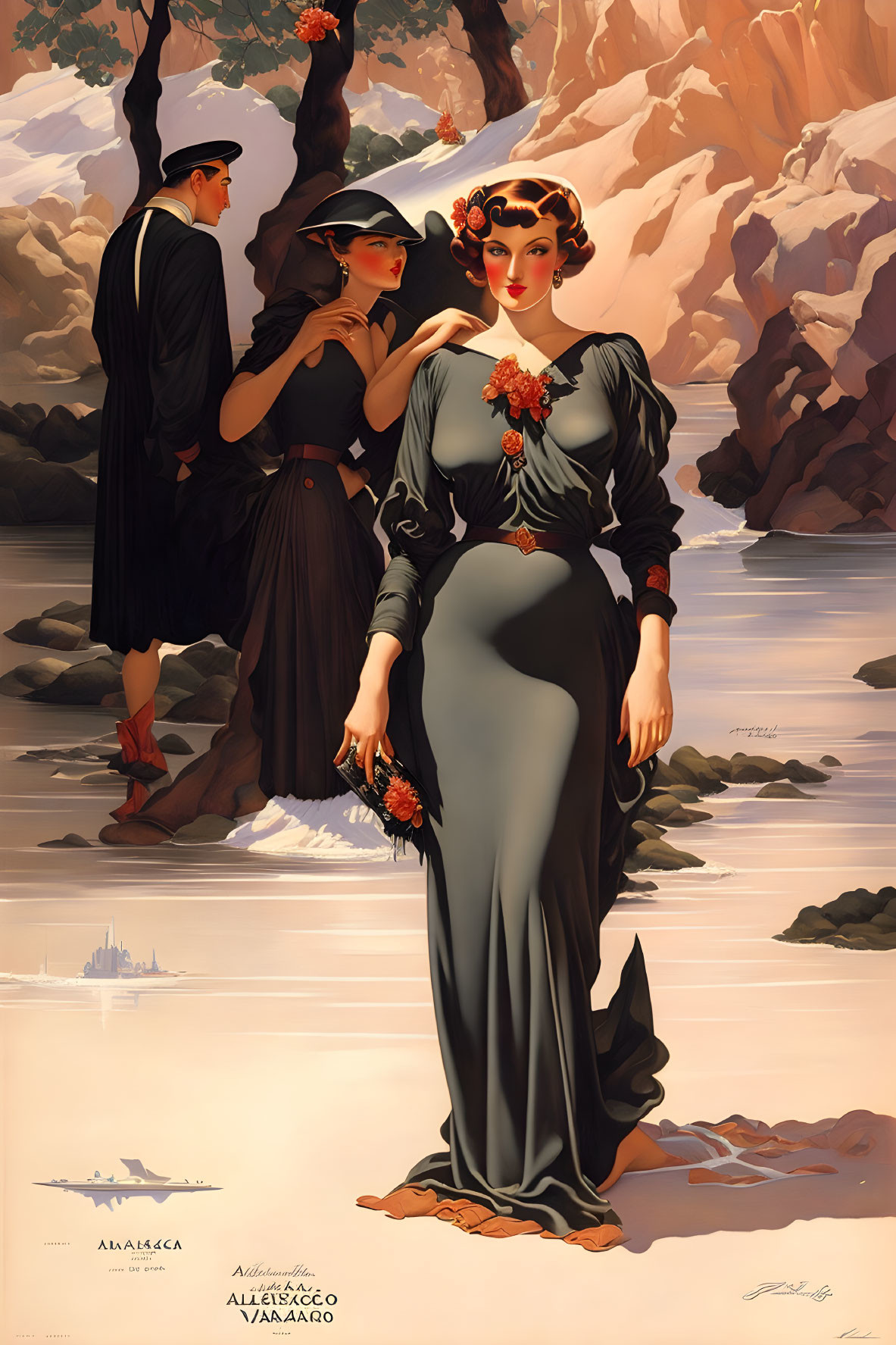 Vintage Illustration: Two Women and Man in 1930s Attire by Rocky Stream