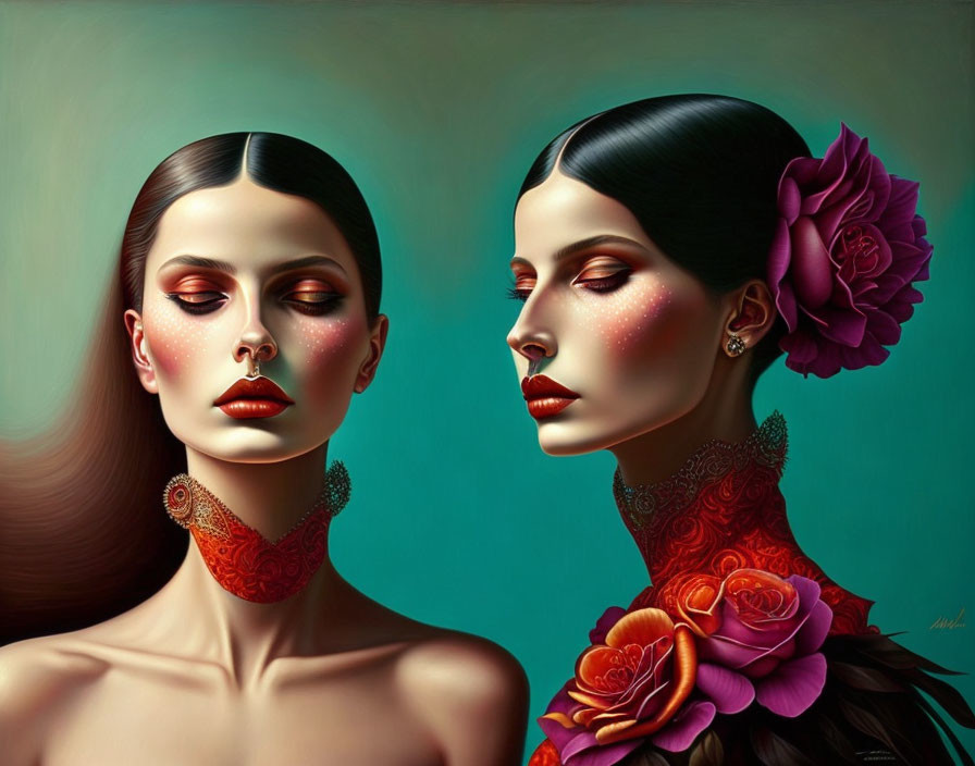 Stylized female figures with red floral accents on necks and deep rose in hair on teal background