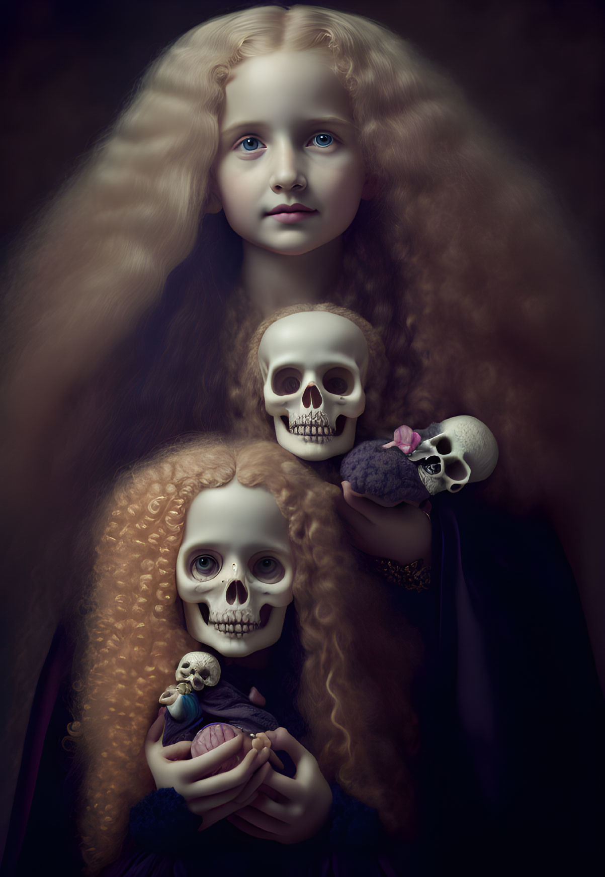 Surreal portrait: girl with long curly hair holding skulls