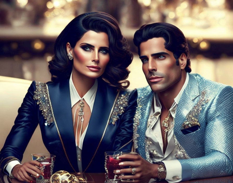 Elegant couple in stylish attire with drinks in luxurious setting