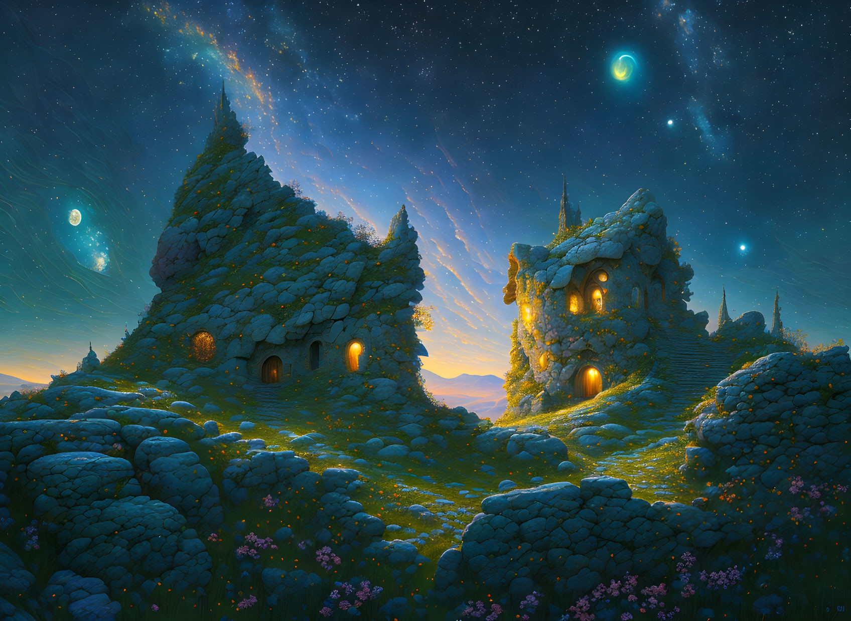 Nighttime Village Scene with Illuminated Stone Houses and Starry Sky