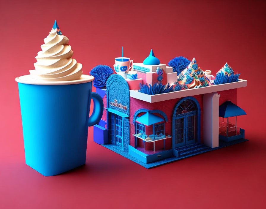 Whimsical 3D illustration of blue mug and miniature cafe on red background