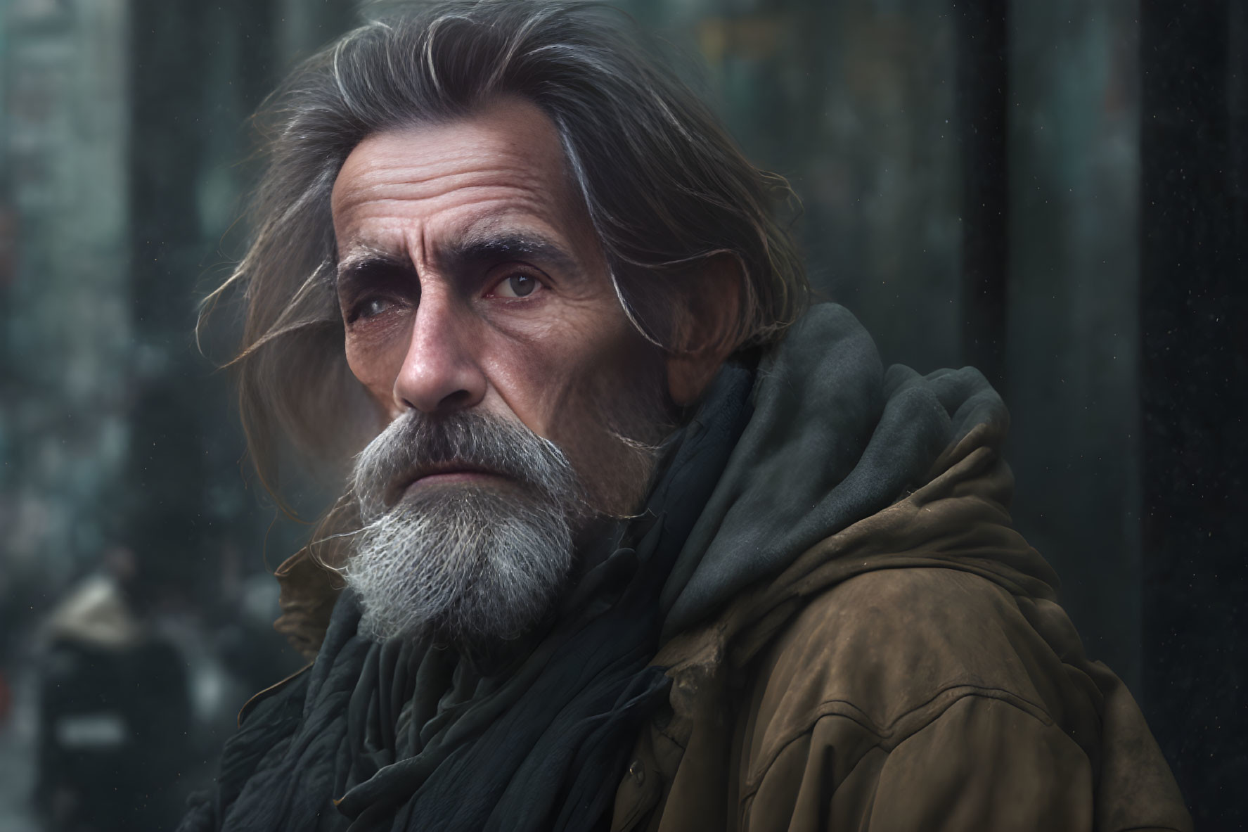 Weathered man with gray beard and intense eyes in urban setting portrait.