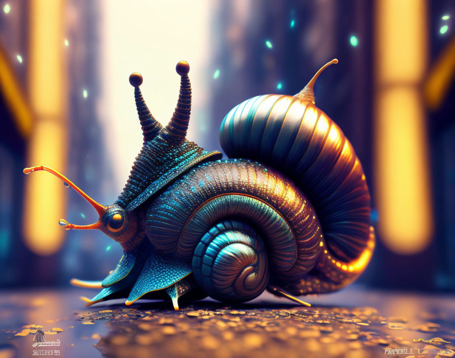 Colorful Snail with Intricate Patterns in Sci-Fi Corridor