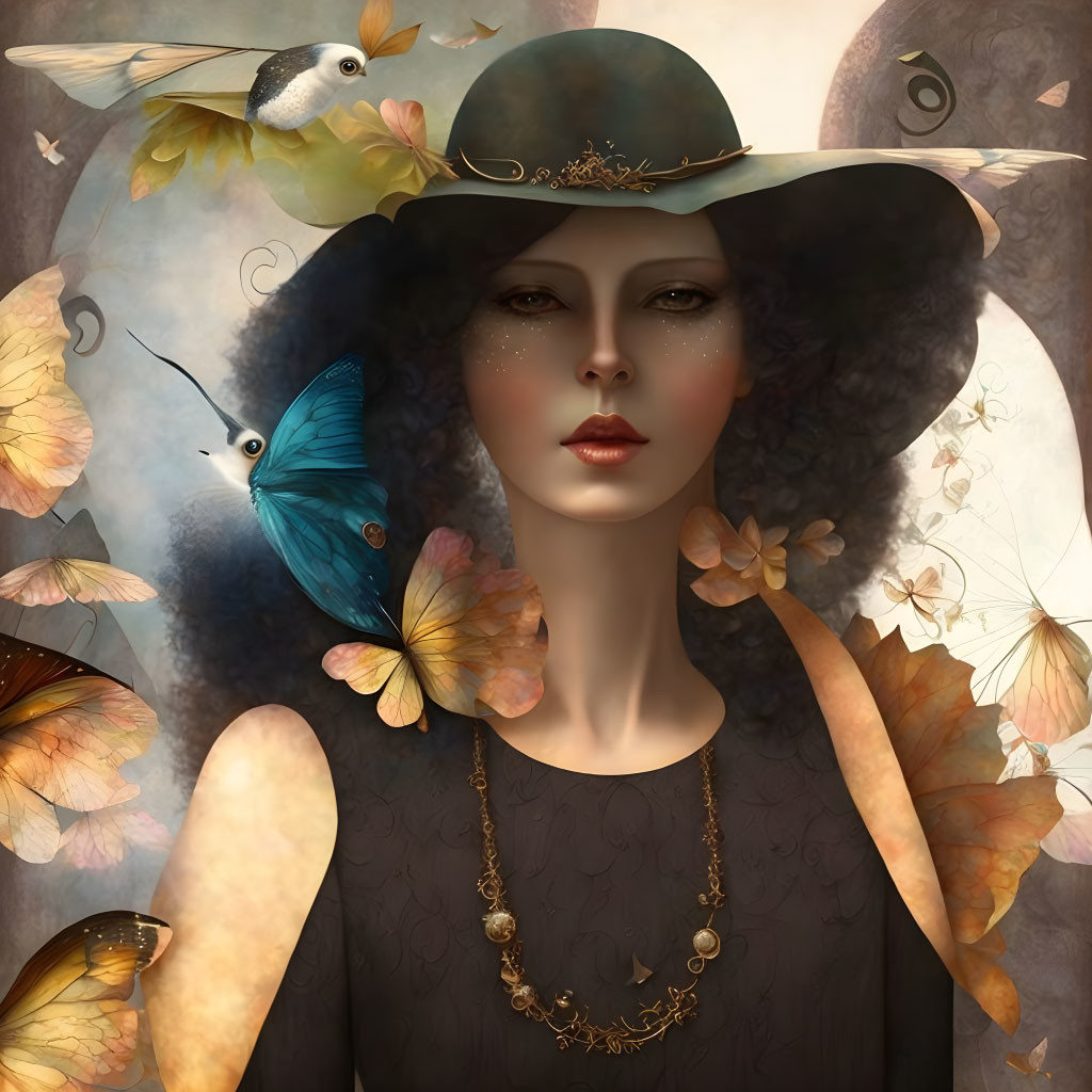 Ethereal woman in celestial hat with butterflies and hummingbird