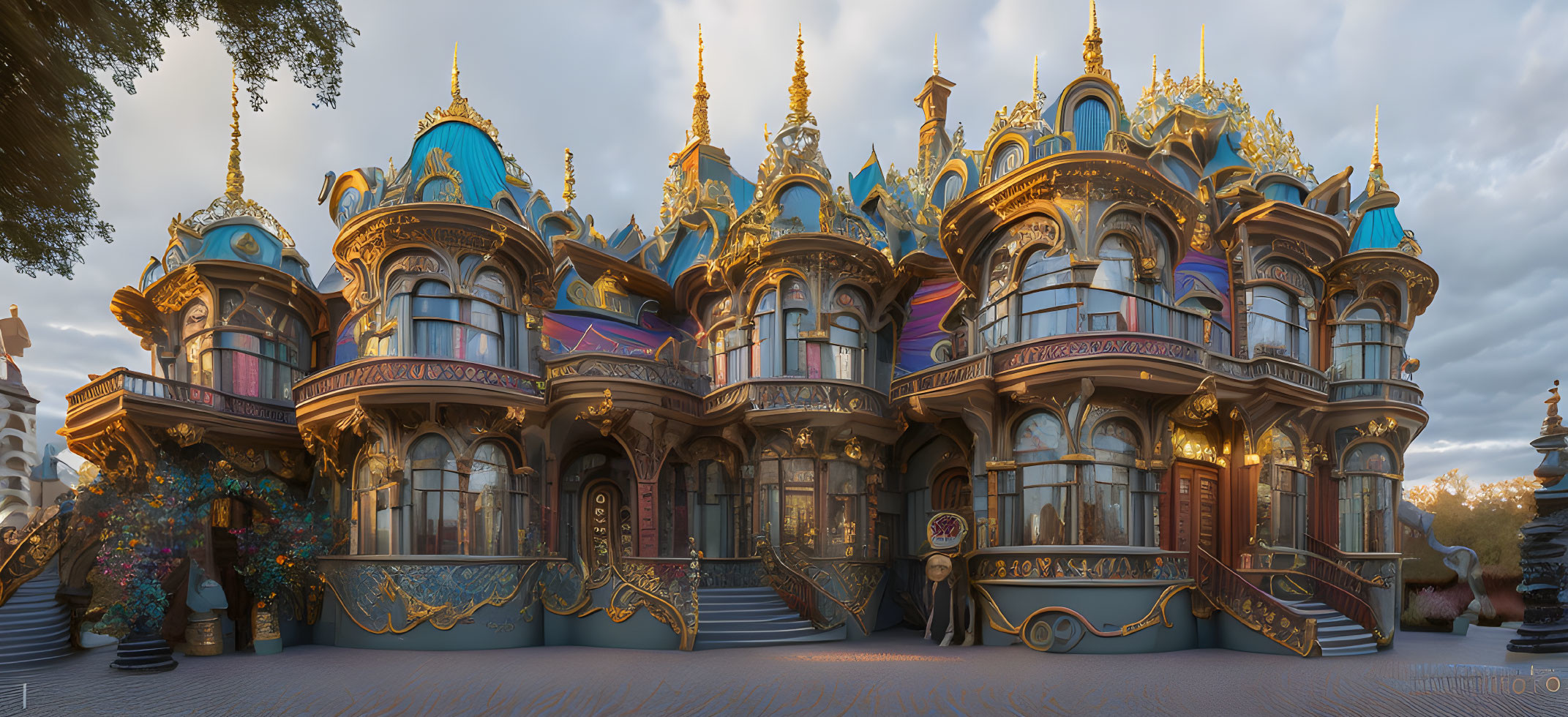 Panoramic view of colorful fairytale building with spires and domes