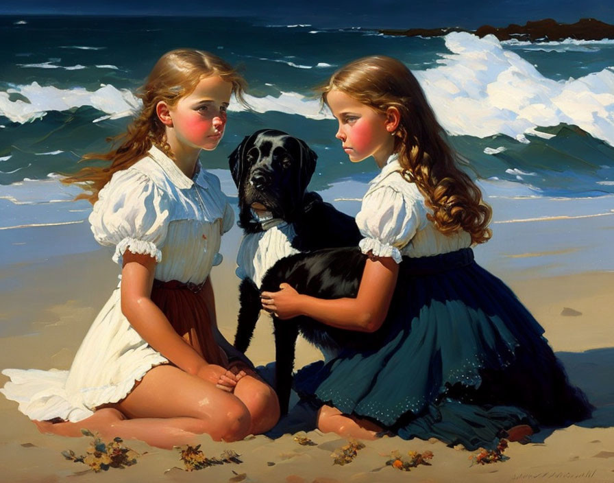 Vintage-dressed girls petting black dog on sunny beach