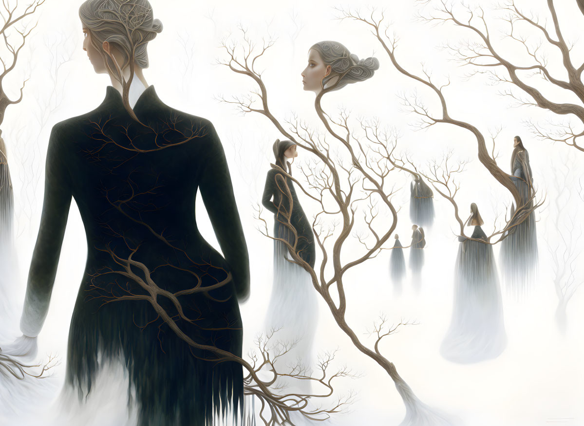 Surreal Art: Women with Tree Branch Patterns Blending into Misty Landscape