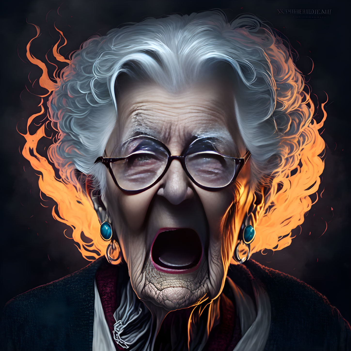 Elderly woman with glasses and earrings yelling surrounded by flames and smoke