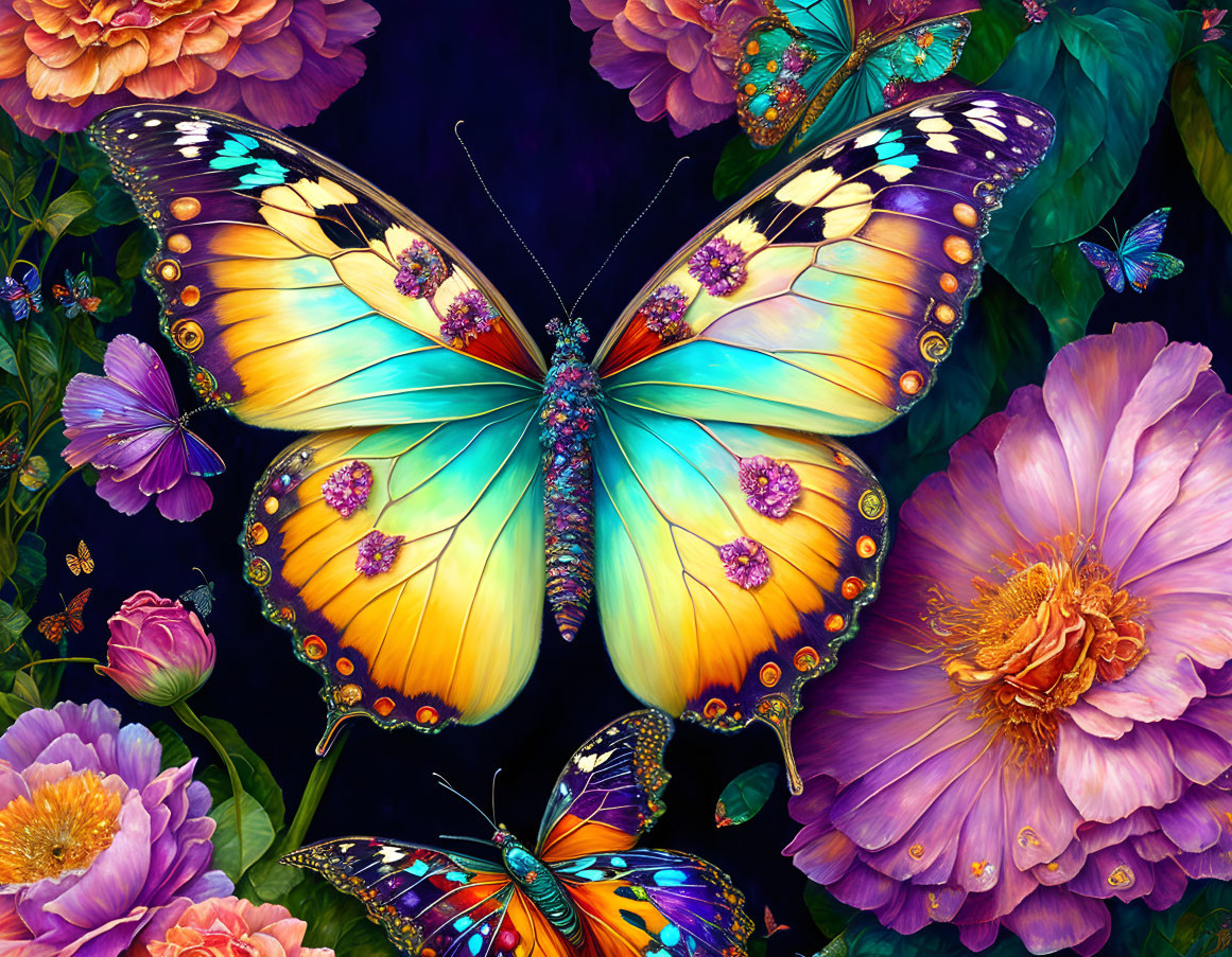 Colorful Butterfly Illustration on Purple Flower Background