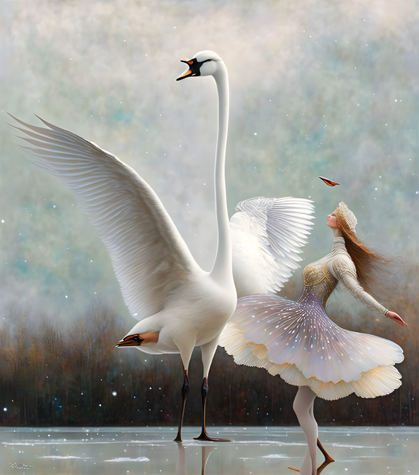 Woman with Swan Wings Surrounded by Misty Backdrop