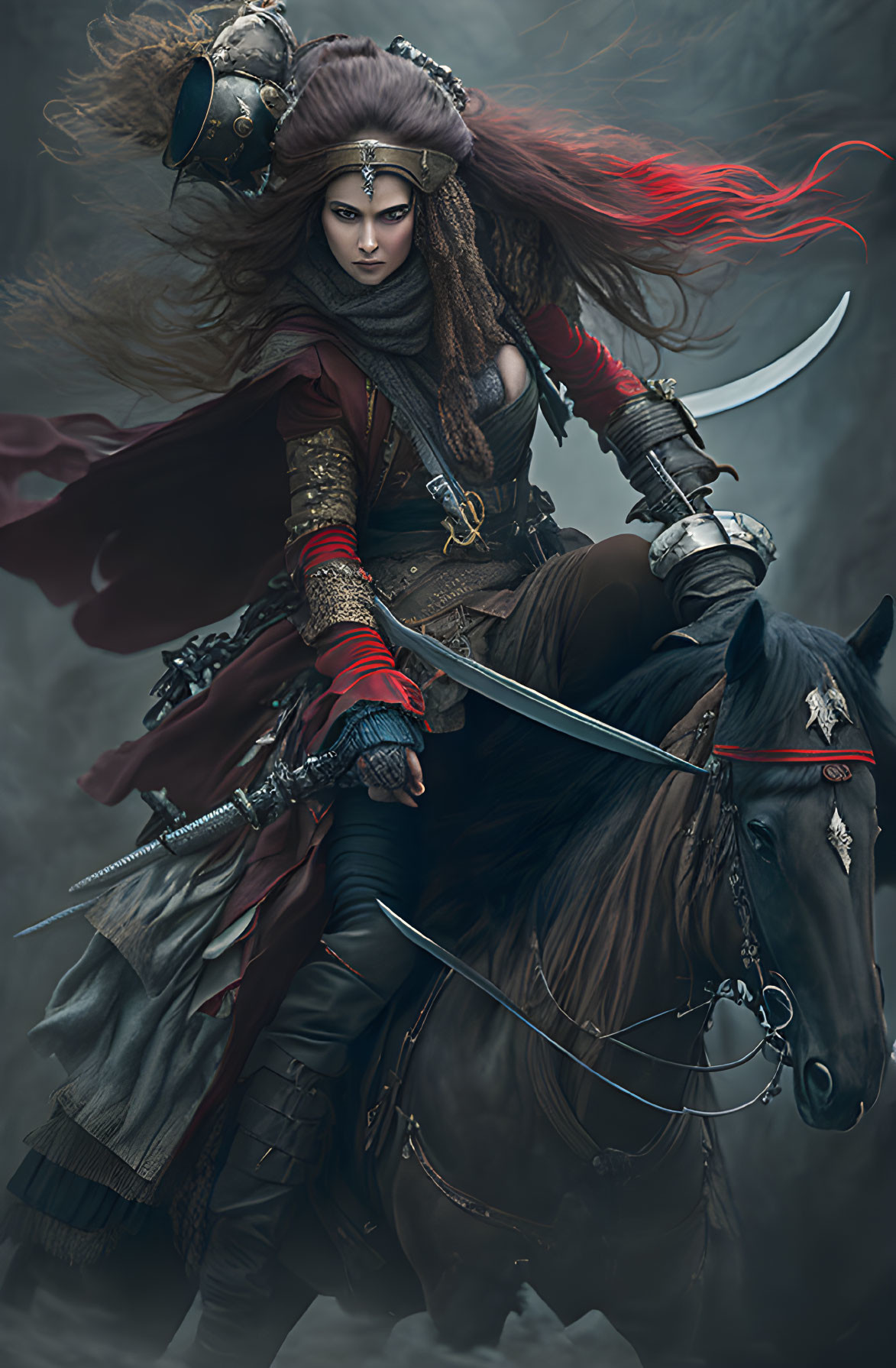 Armored warrior woman on horseback with scimitar in mystical setting