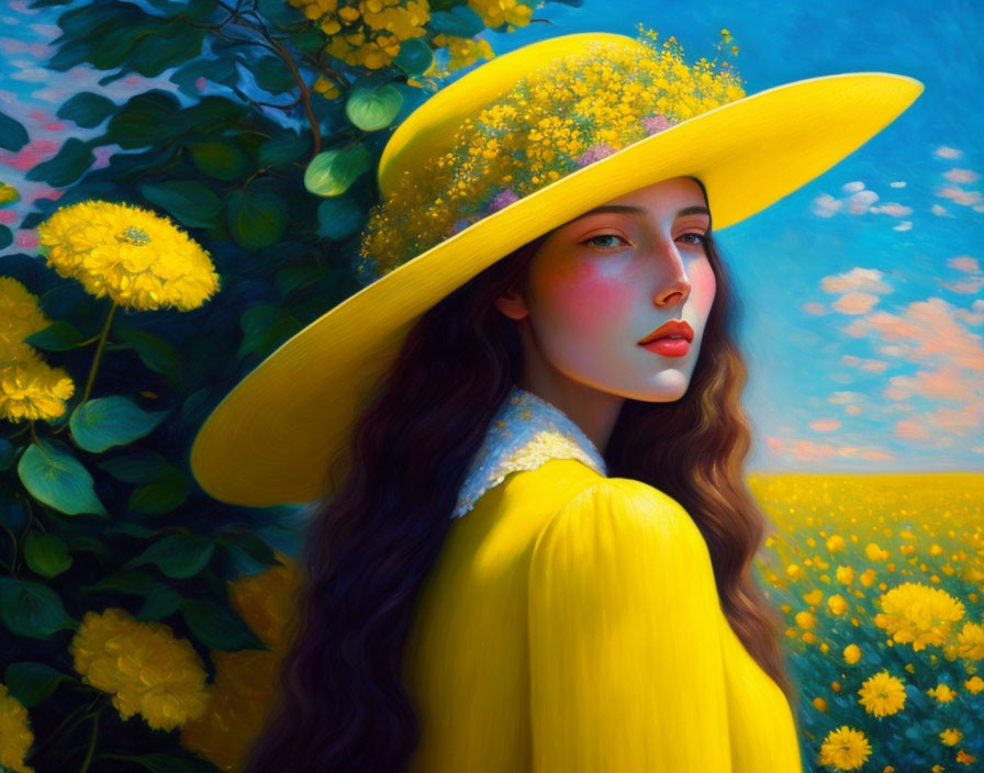 Woman in Yellow Hat Surrounded by Blossoms Under Blue Sky