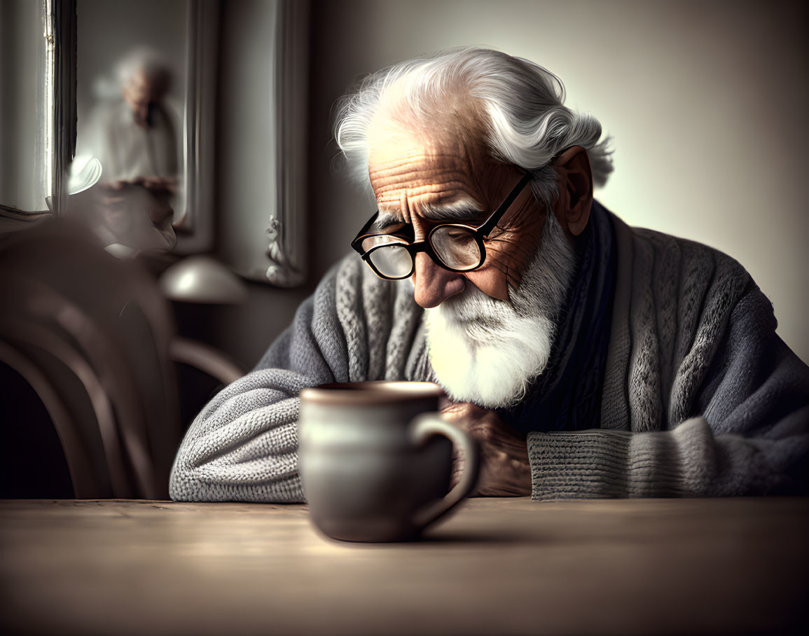 Elderly man in cardigan gazes at coffee mug by window