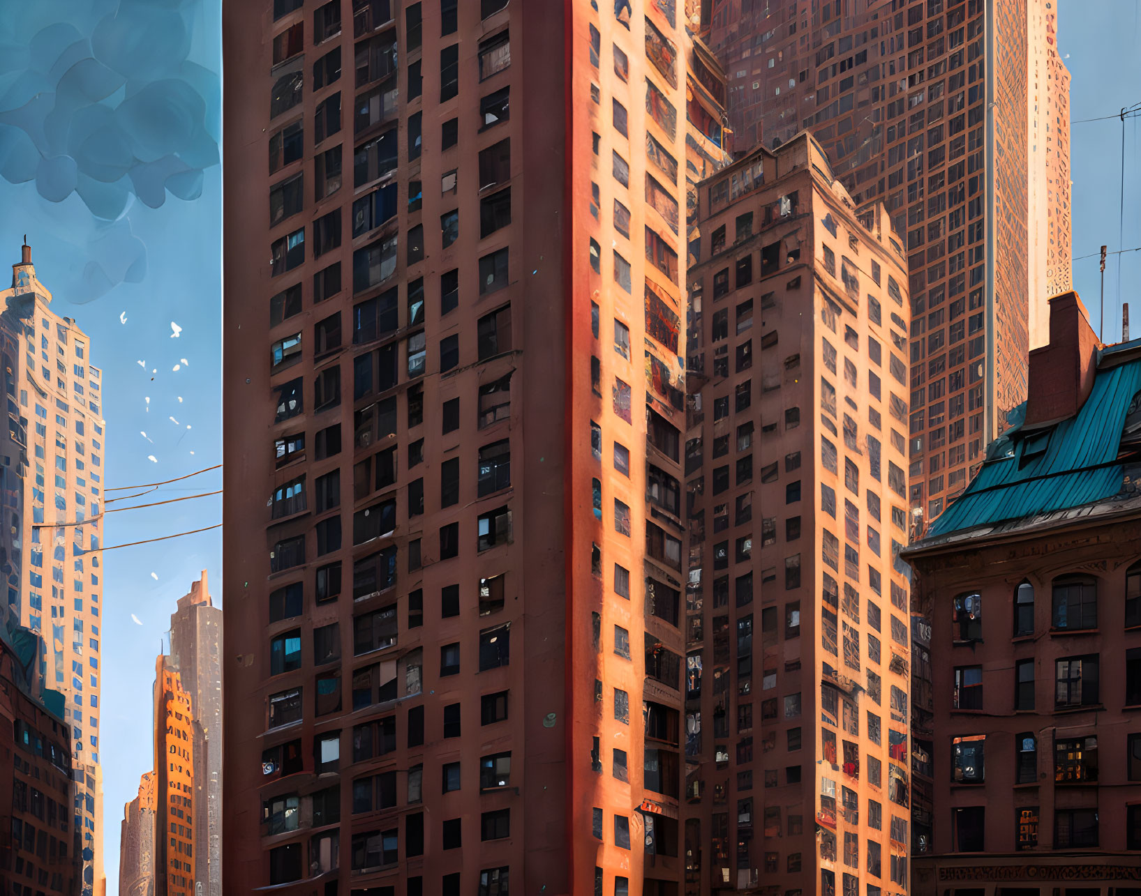 Terracotta skyscrapers under warm sunlight with birds in urban landscape