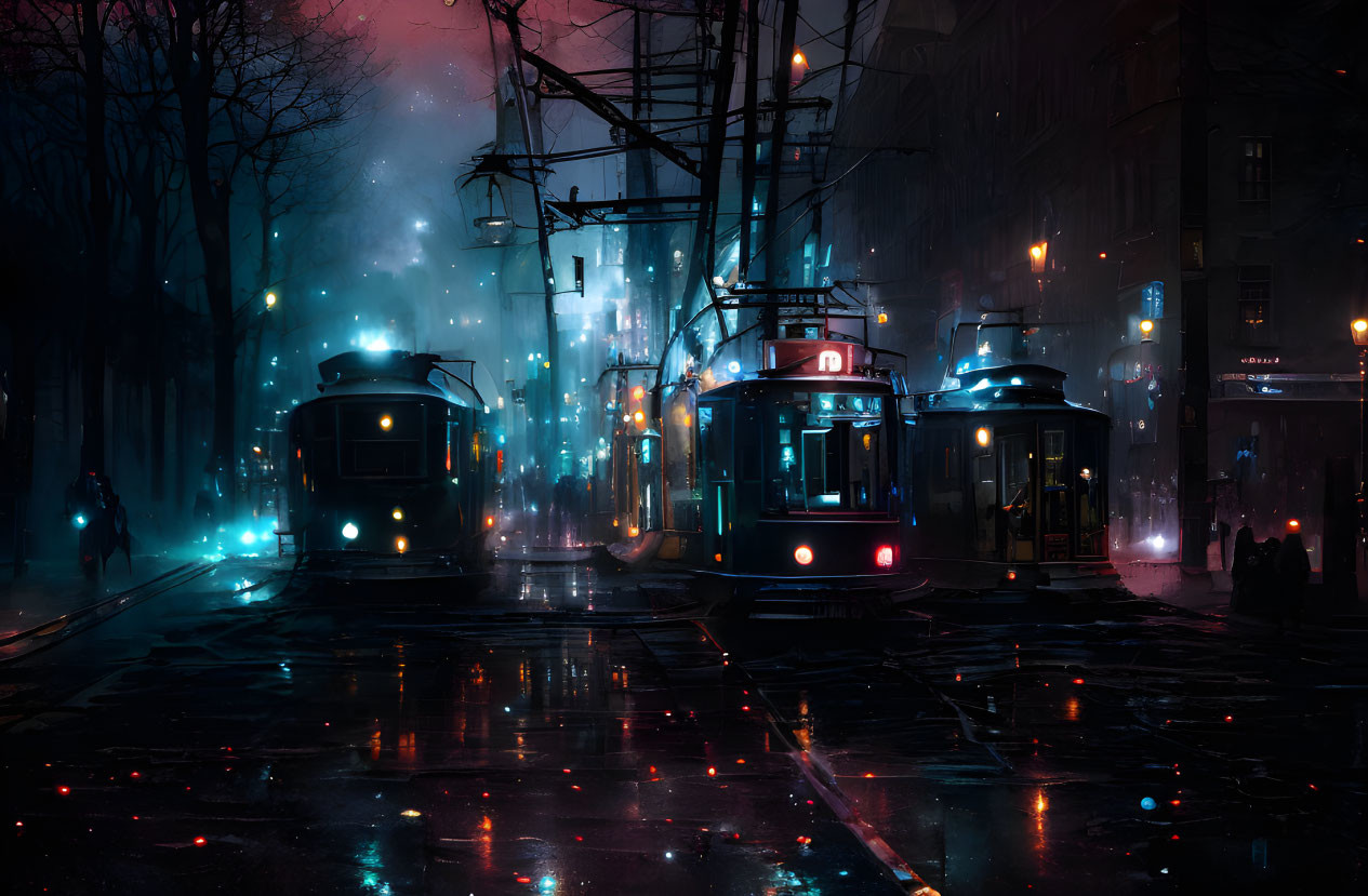 Neon-lit rainy street scene with two trams and pedestrians